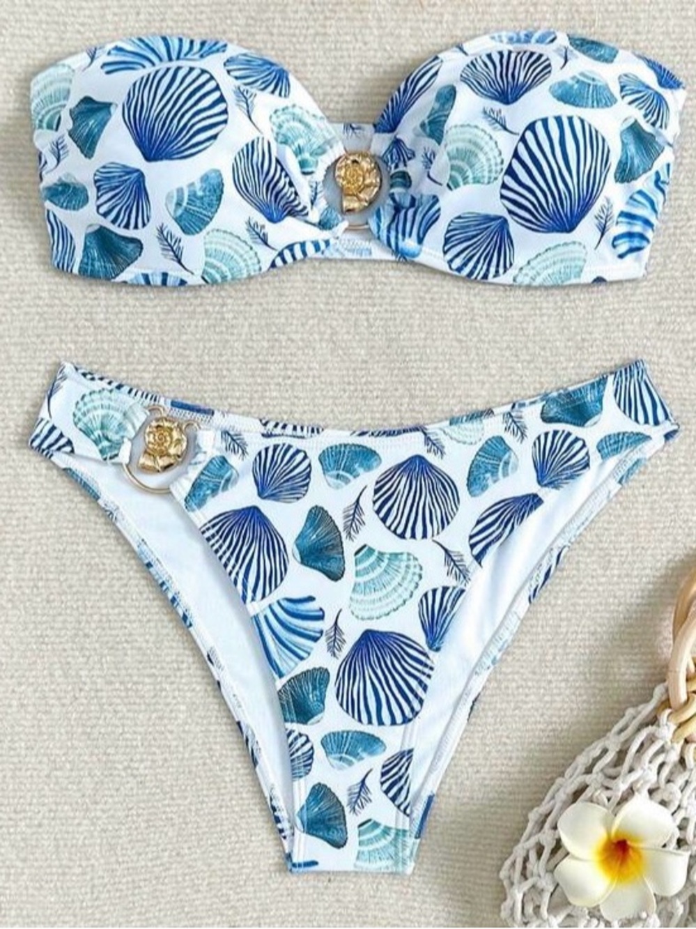 Sea Shell Print Bandeau Bikini Set in White and Blue